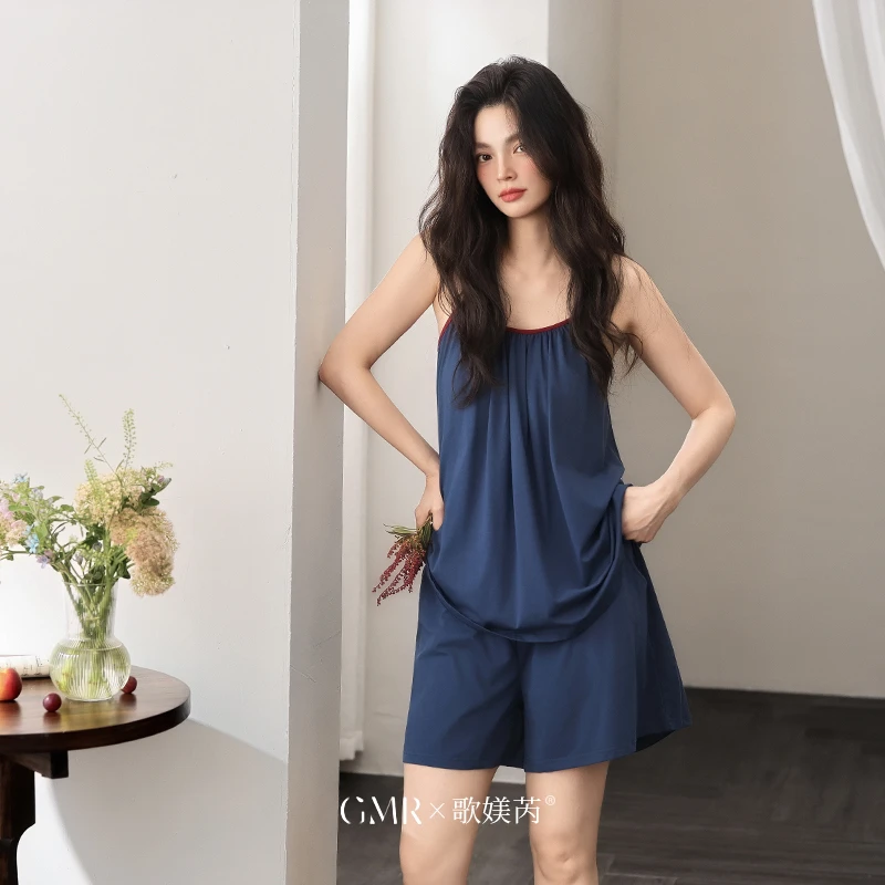 吊带短裤睡衣女夏季薄款纯棉带胸垫纯欲风休闲显白家居服性感大码