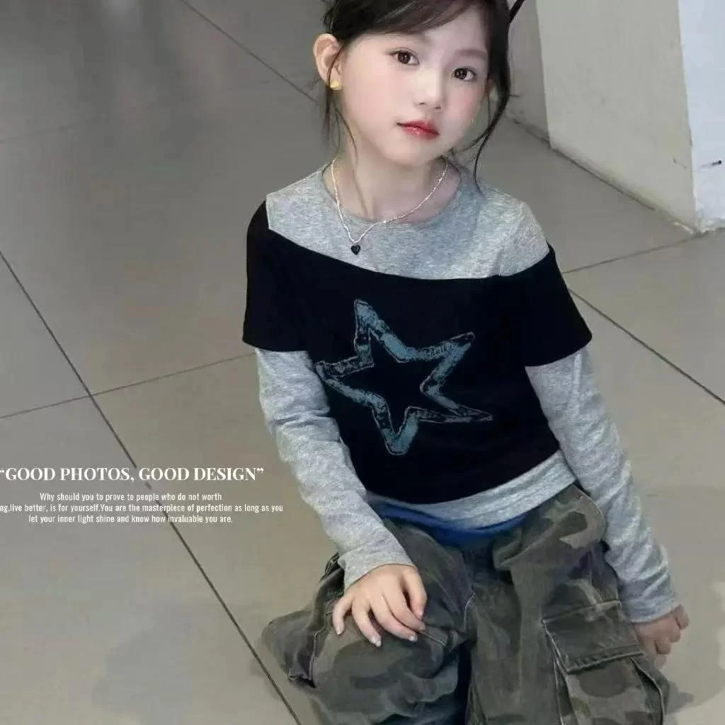 【思晨家】女童春秋款长袖T恤儿童秋季假两件打底衫2025新款中大童