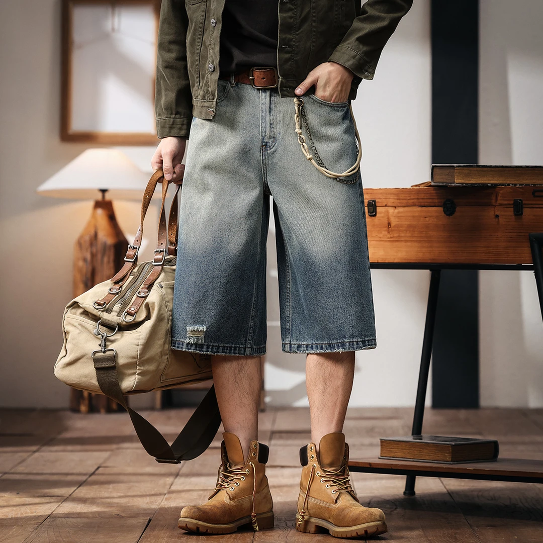 格蓝鹿美式复古水洗七分牛仔短裤男士夏季潮牌廓形宽松直筒中裤男