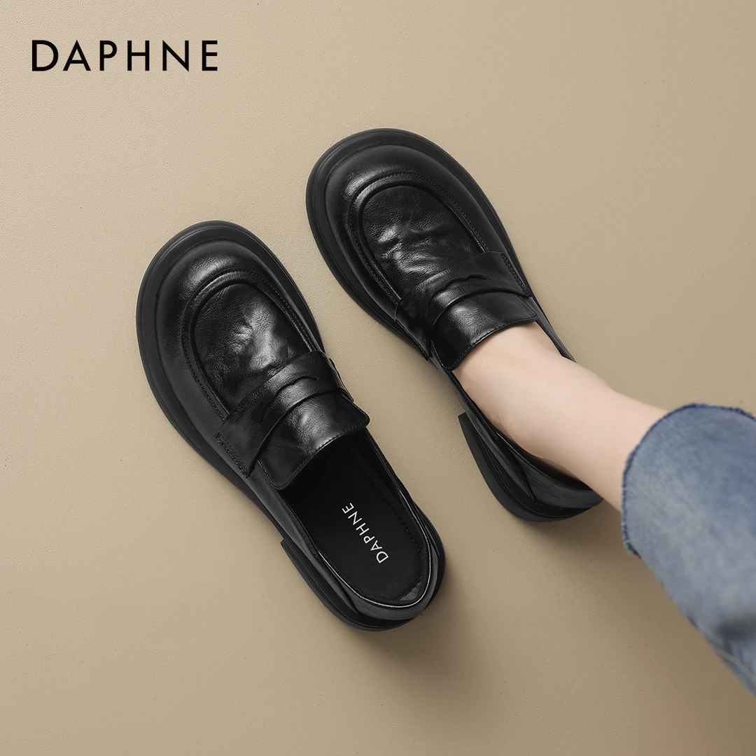 达芙妮黑色厚底乐福鞋女秋季2025新款单鞋秋鞋复古女鞋