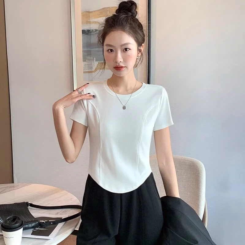 白色t恤女短袖2025年新款夏季圆领鱼骨弧形下摆设计感小众上衣潮