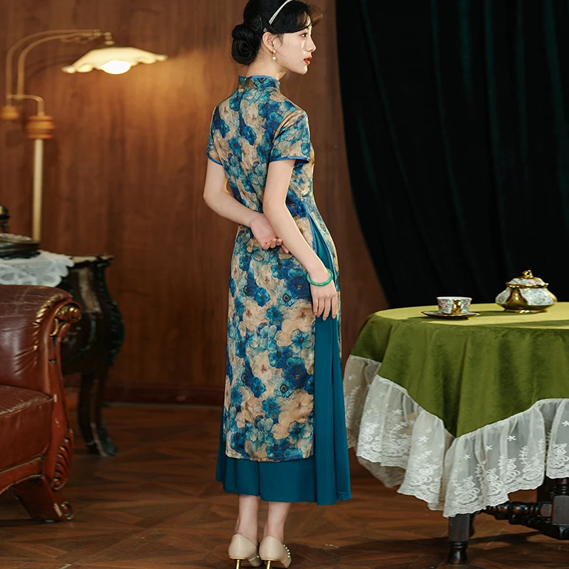 夏装喜婆婆婚宴装2025新款夏季高贵蓝色旗袍妈妈礼服平时可穿高端