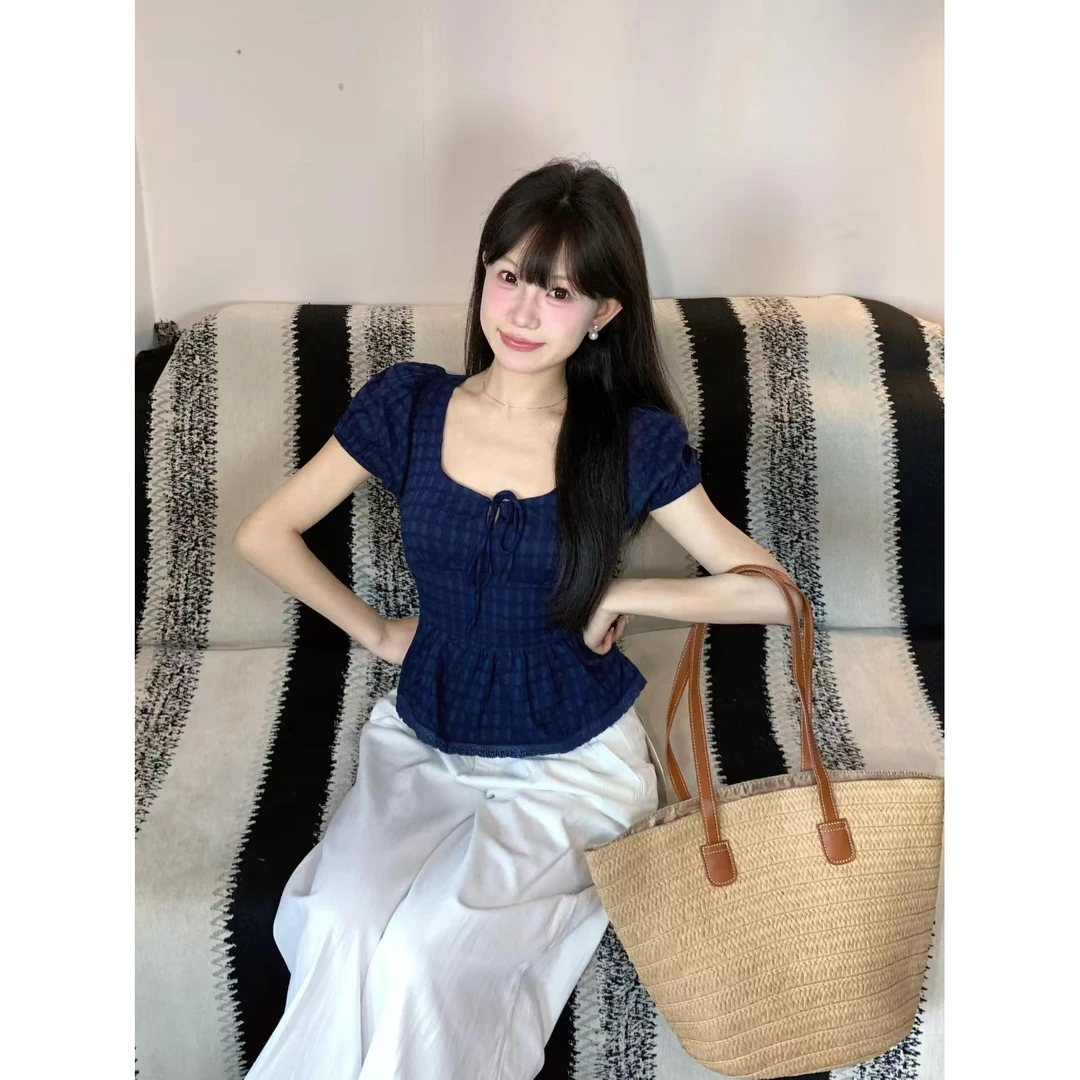 法式温柔甜美风方领泡泡袖短袖t恤女夏季新款高级感修身显瘦上衣