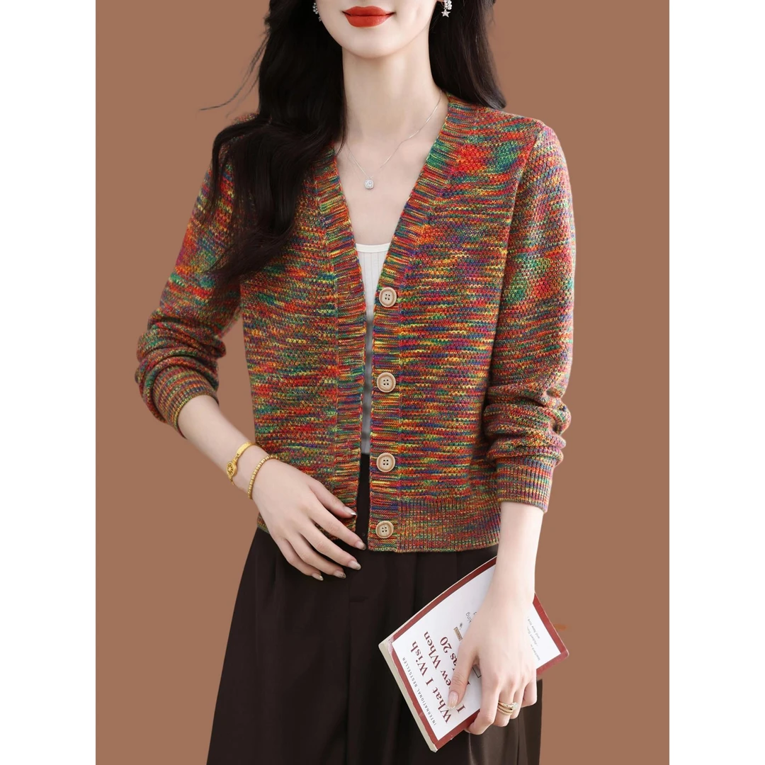 雅鹿2025春秋新款花线针织开衫女高腰小款羊毛衫披肩外搭洋气毛衣