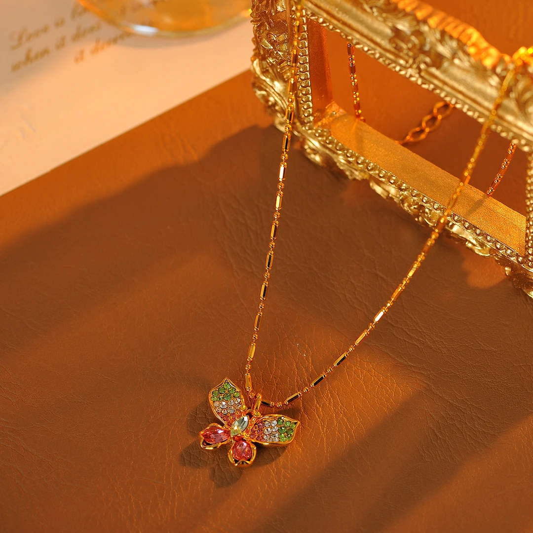 铜合金项链 铜合金035诗诗同款施家多彩蝴蝶项链时尚彩色镶嵌