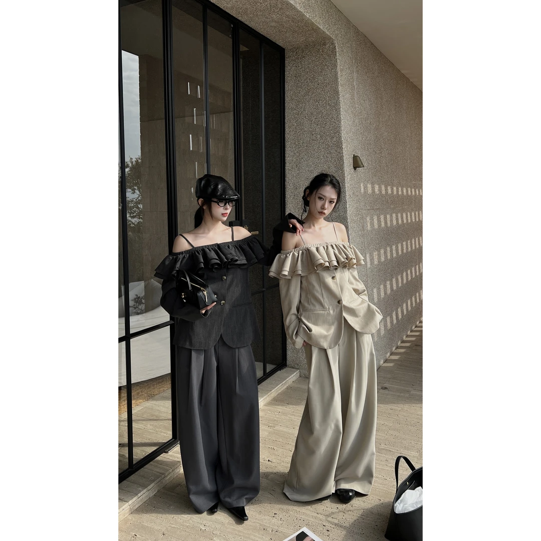 雨哥西装式一字肩荷上衣叶边长袖t恤女法式短款修身