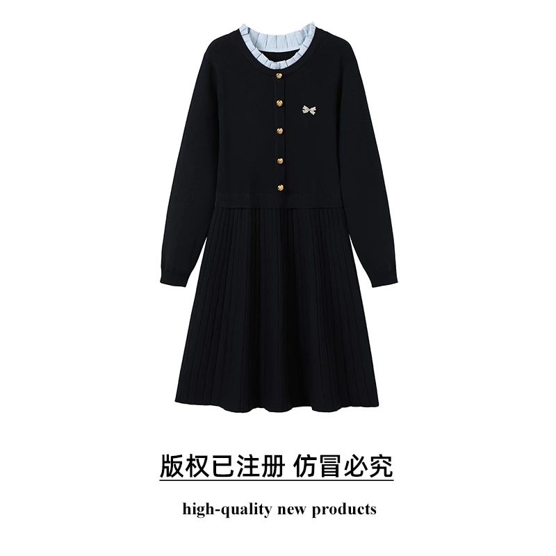 奢姿2025年秋季新款大码女装立领气质裙子胖妹妹学院风胸针连衣裙