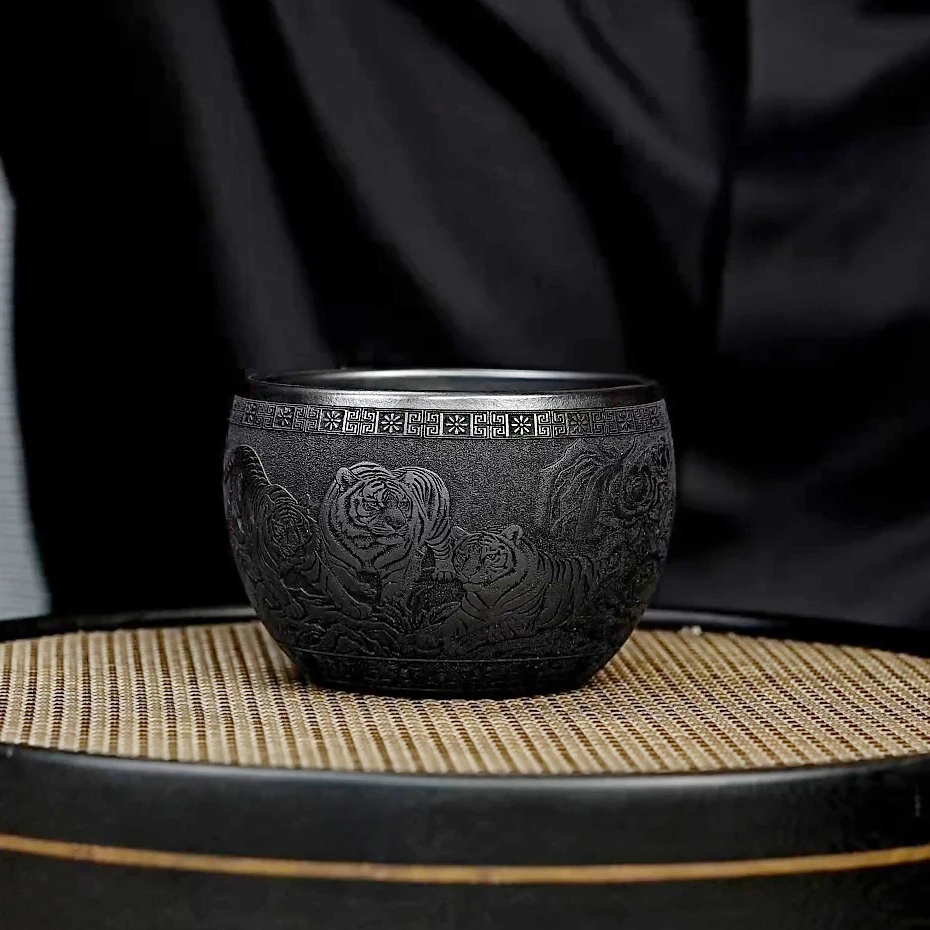 宜兴原矿紫砂主人杯石黄五虎图管庆飞茶叶茶杯男士专用主人茶杯