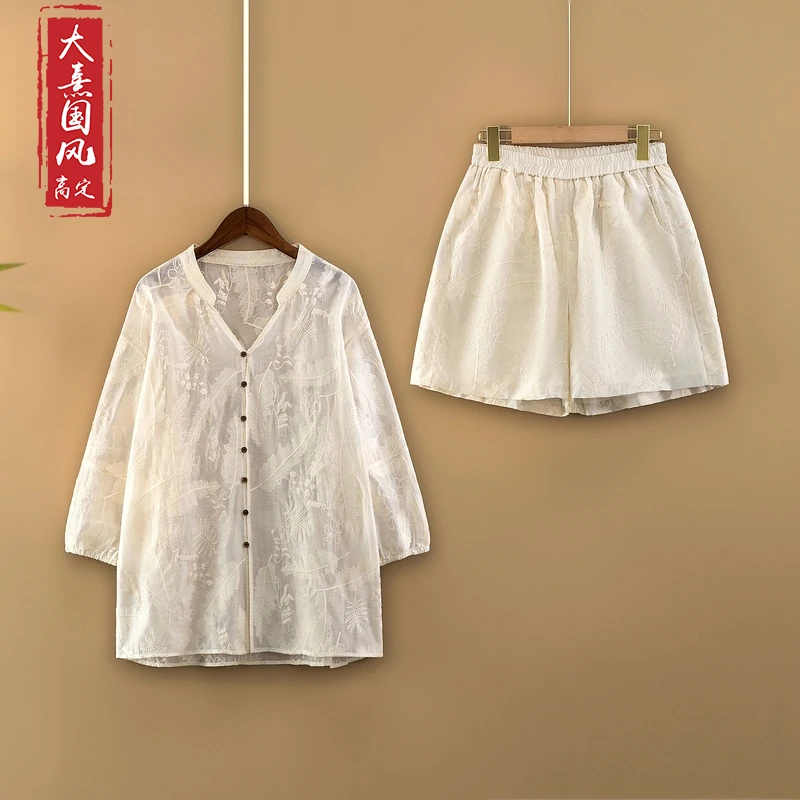 【舒羽】夏季2025新款新中式国风套装女装宽松绣花上衣+短裤两件套