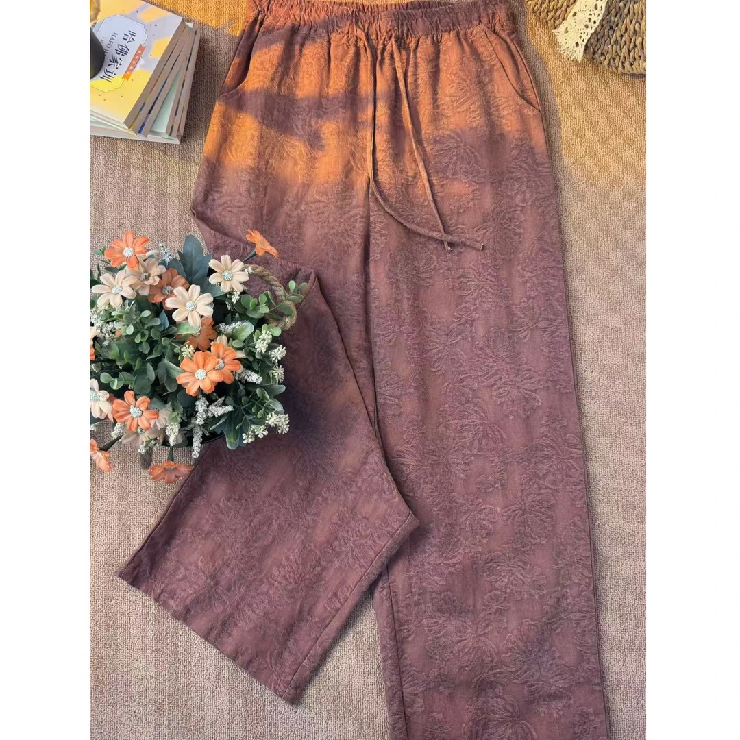 提花长裤100%亚麻百搭阔腿裤直筒裤休闲裤卫裤