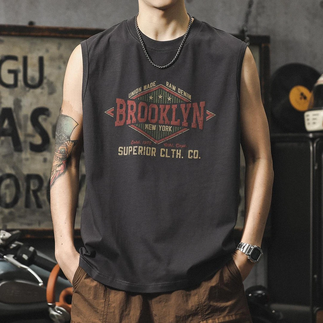 美式复古纯棉无袖t恤夏季薄款青少年跨栏运动背心印花坎肩短袖潮