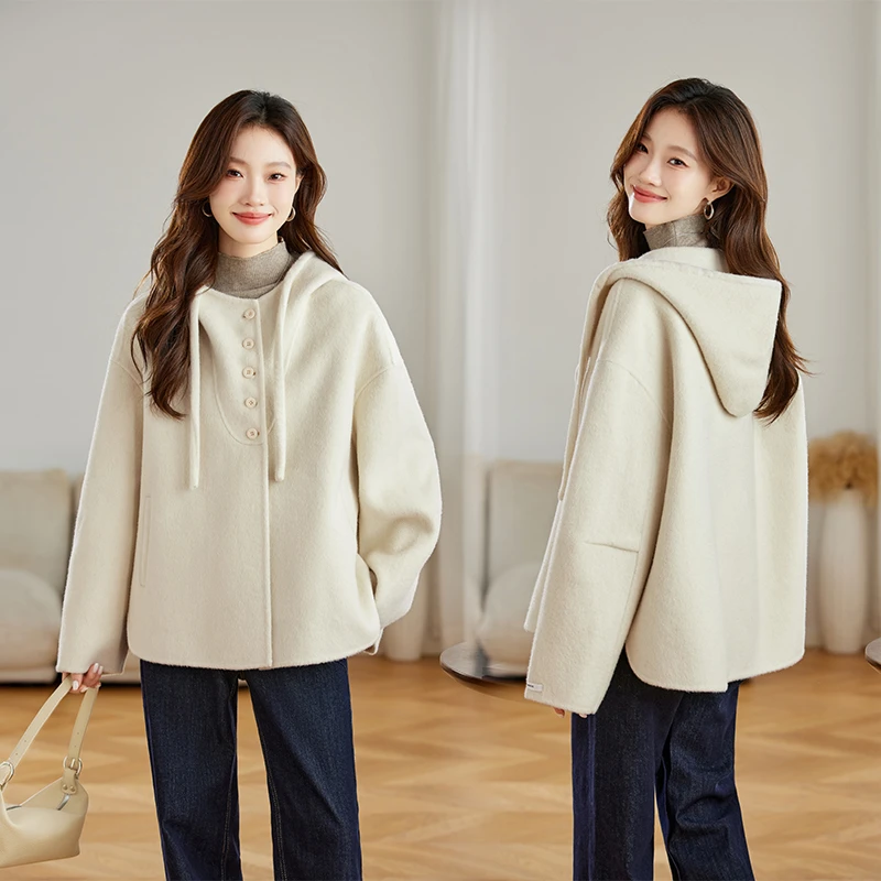 双面气质羊毛外套女2025秋冬新款高级感韩系连帽斗篷显瘦毛呢大衣