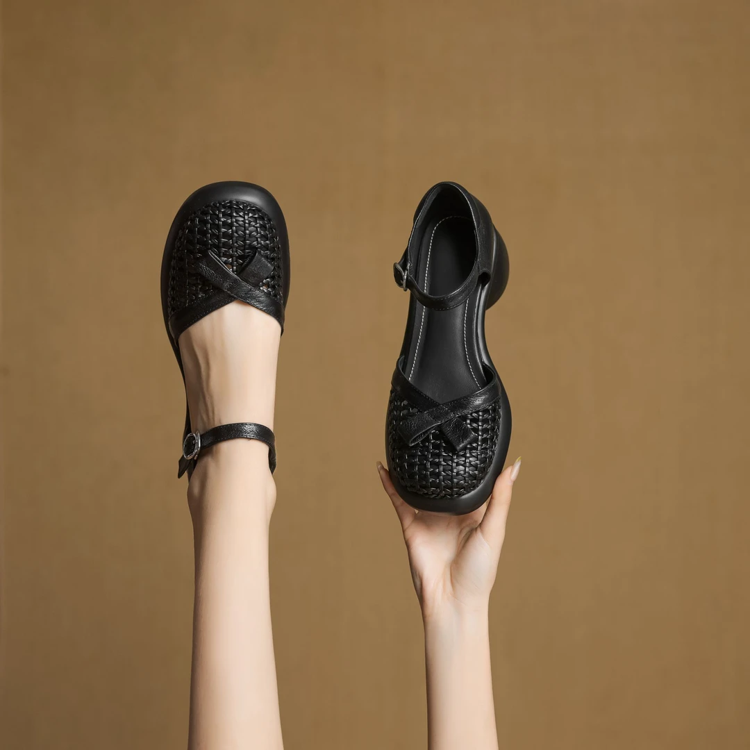 2025年新款头层羊皮跟高5公分舒适百搭夏季休闲凉鞋粗跟厚底镂空