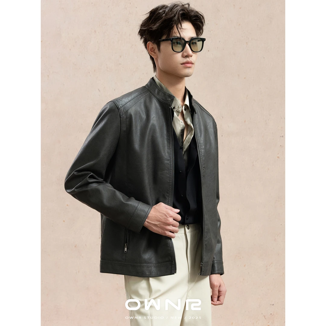 OWNR 黑色宽松立领老钱PU皮衣外套男2025年秋复古短款水洗纹夹克