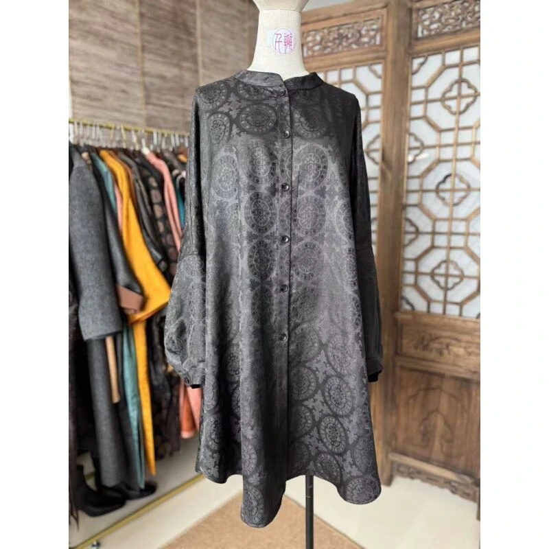 ｛简奢｝潇洒大气香云纱桑蚕丝100%透孔花萝新中式大衬衫上衣黑色