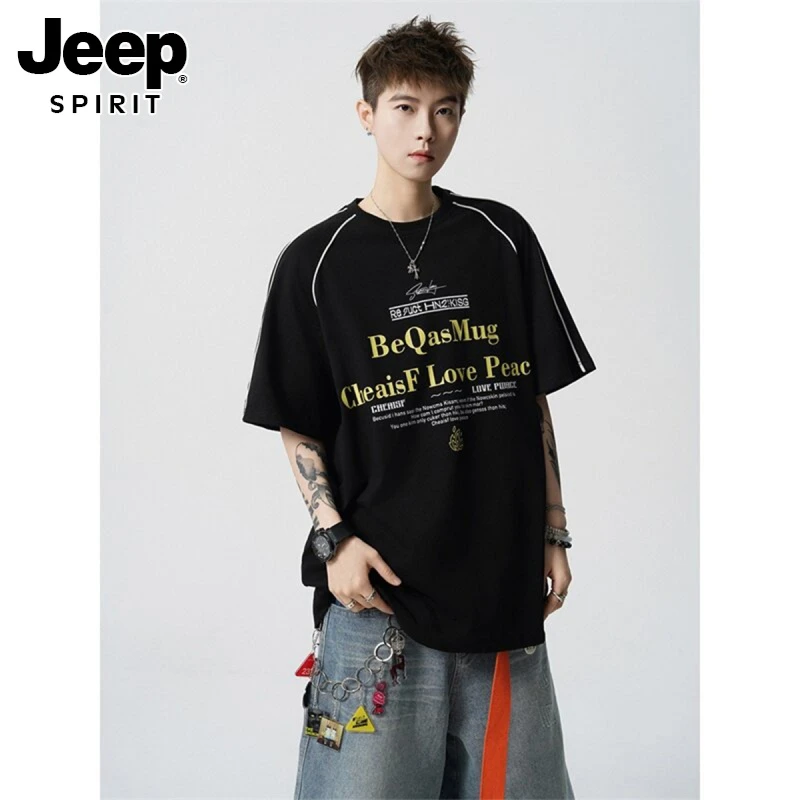 上衣爆款冰丝T恤网红款海鸥JEEPSPIRIT美式宽松字母重磅短袖t恤男