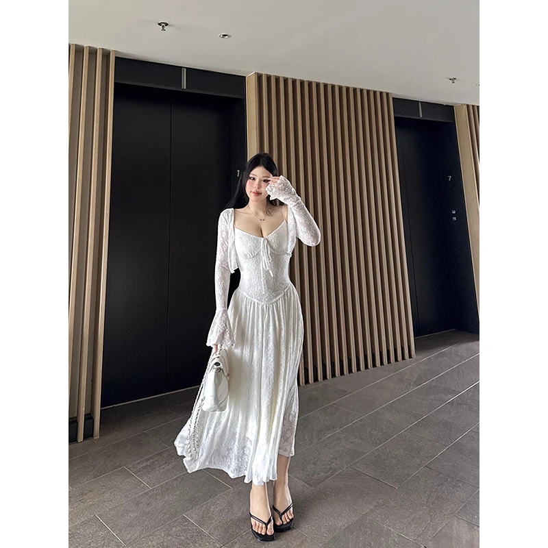 黑泽玄七"白柰清栀"夏季显瘦法式提花约会气质吊带连衣裙两件套