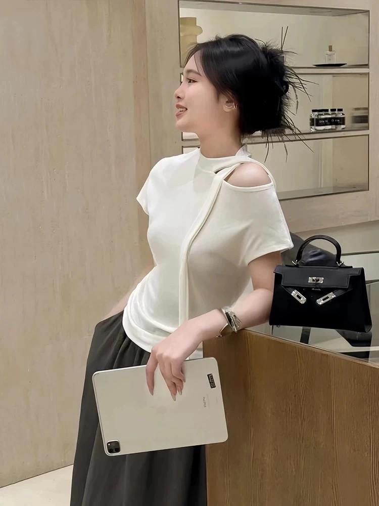 新款夏季洋气短袖飘带露肩领高弹力设计感小众T恤修身极简风显瘦t