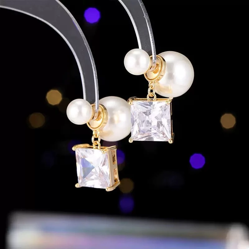 【北栀】时尚百搭配饰珍珠方晶耳环814189