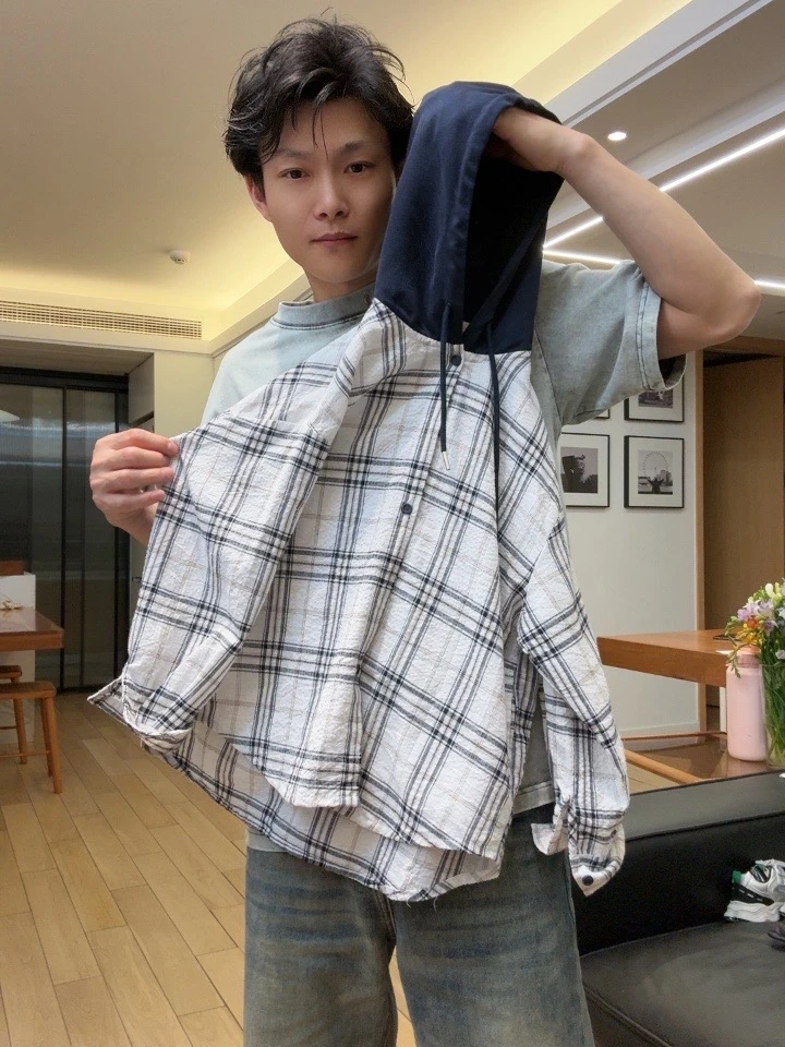 儿童衬衫春装2025新款童装春秋款连帽外套中大童宽松休闲格子衬衣