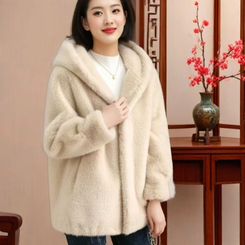 （中长款70）貂绒新款皮毛一体女装毛绒外套秋冬宽松连帽长款大衣