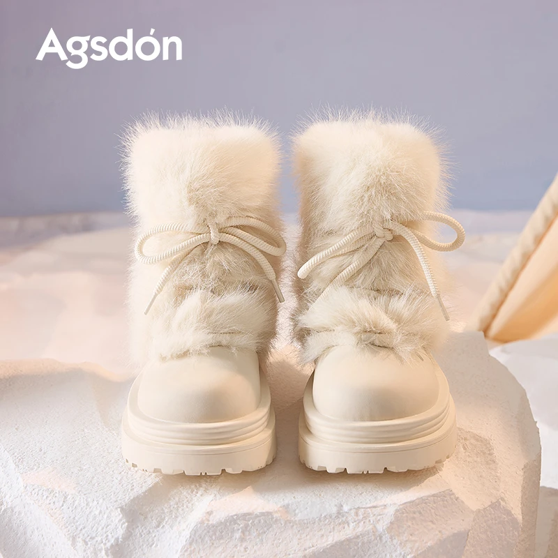 奥古狮登厚底雪地靴女2025新款冬季加绒保暖毛毛棉鞋增高白色短靴
