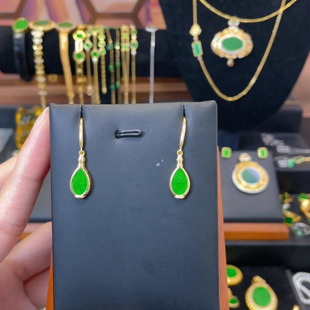 翡翠银S925镀金镶嵌耳饰