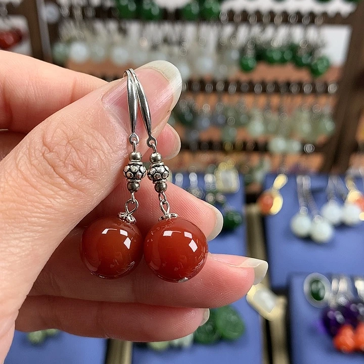玛瑙/玉髓耳环银S925镶嵌12左右牛血红