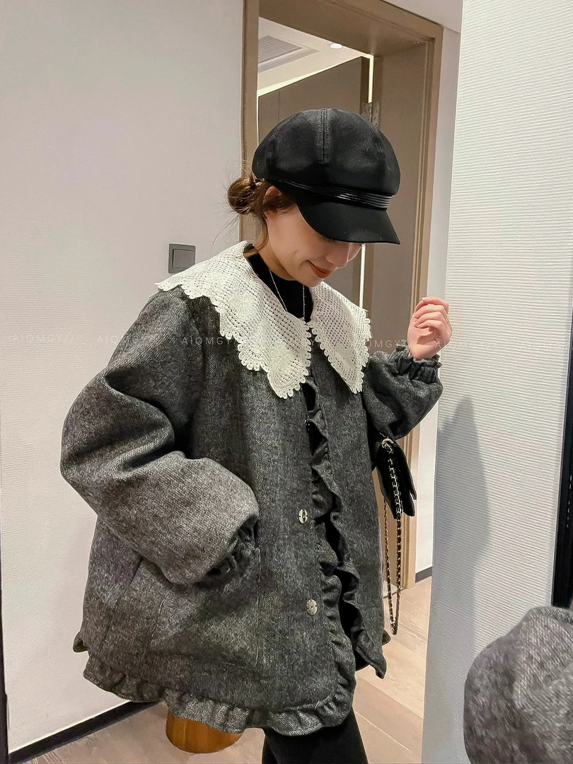 灰色娃娃领白鸭绒毛呢羽绒服女2024冬季新款加厚外套