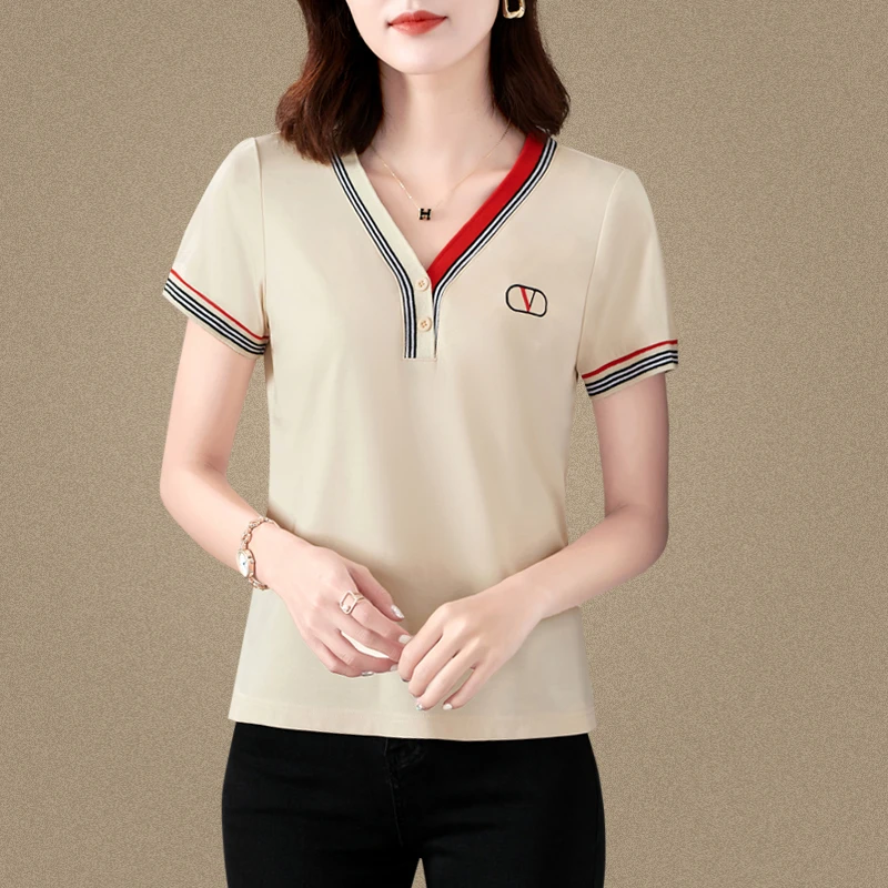 V领短袖T恤透气显瘦女士时髦韩版常规宽松型中年上衣洋气百搭