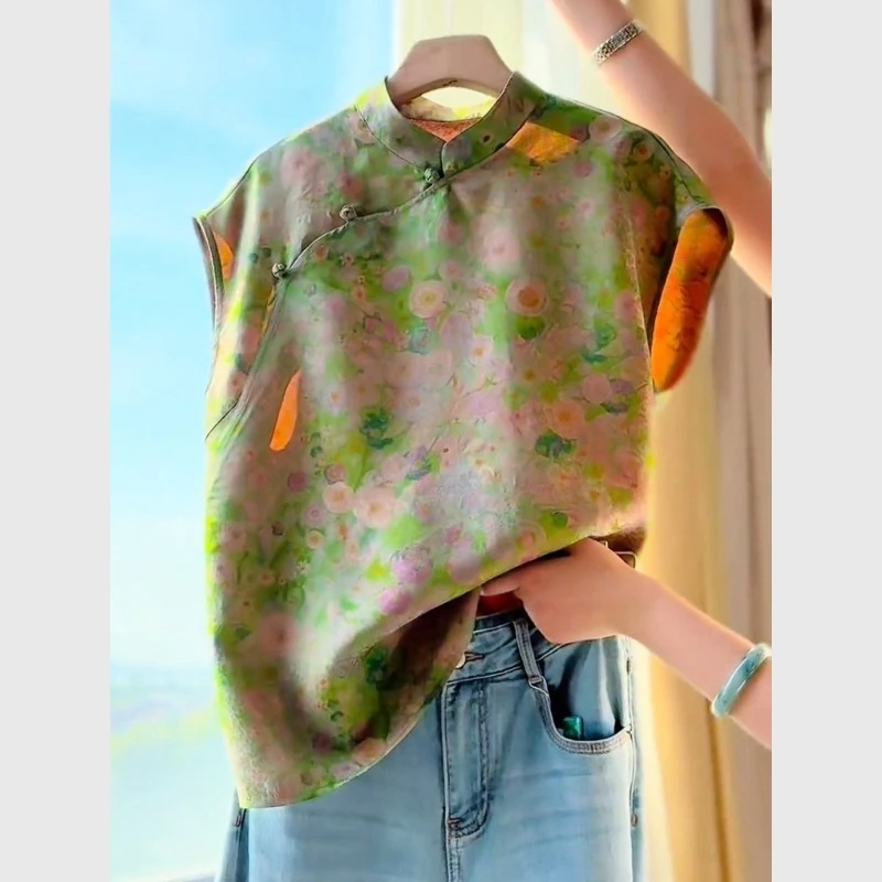 新中式绿色提花盘扣短袖衬衫女夏季国风上衣复古气质改良唐装小衫