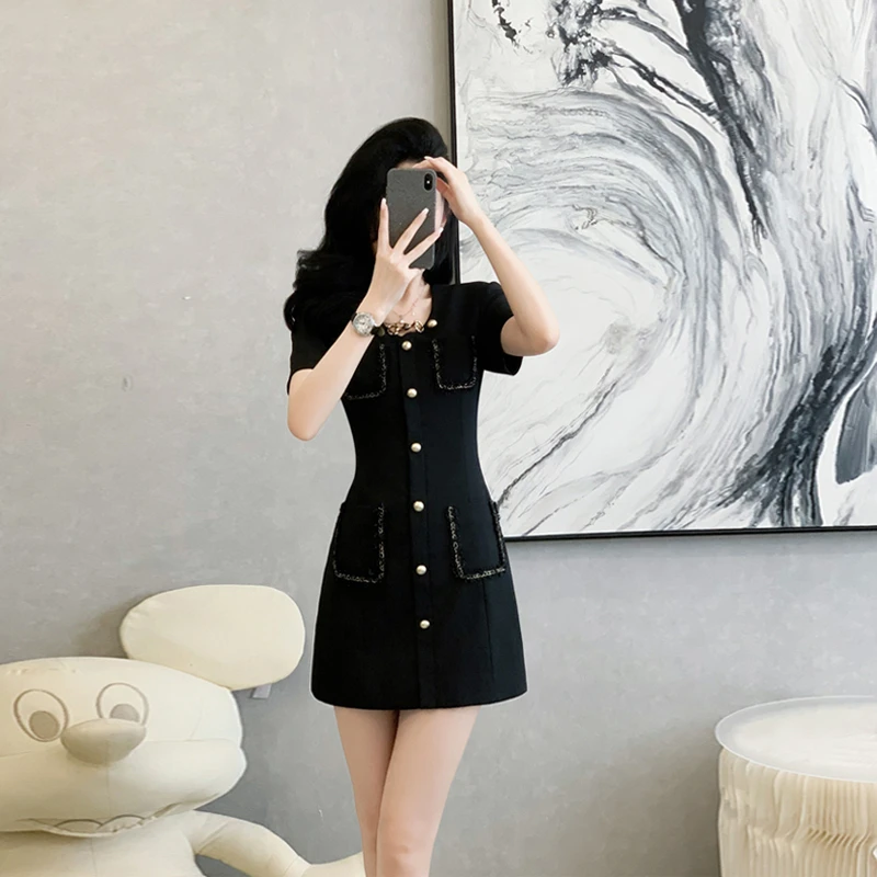夏季小香风圆领短袖连衣裙女黑色短裙法式夏季轻熟职业气质小个子