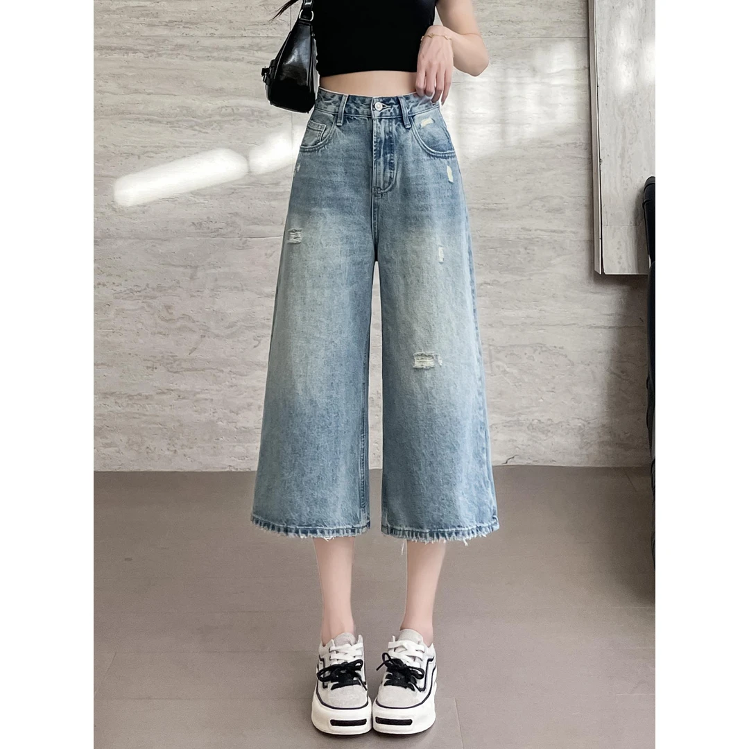 高腰破洞牛仔裤女夏季薄款2025年新款小个子阔腿裤宽松直筒八分裤
