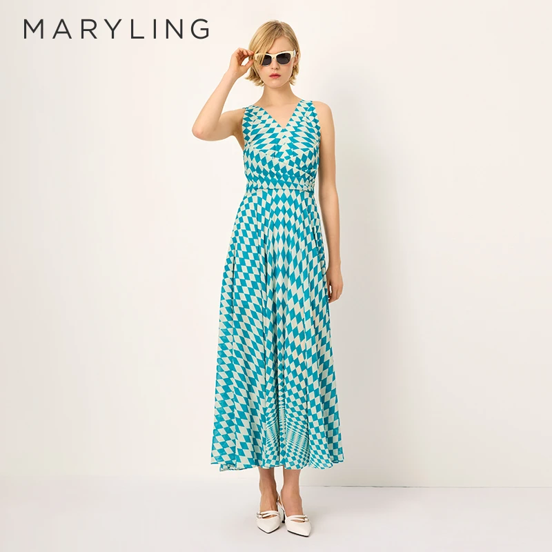MARYLING玛俪琳2025春季新品无袖V领褶裥印花连衣裙A1FCW62230