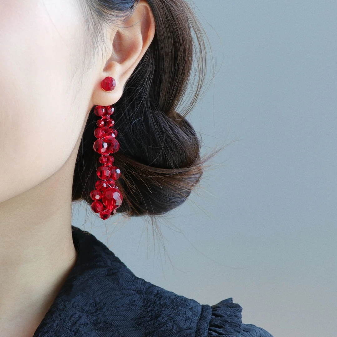 因缺斯汀饰品 铜合金耳饰 【晚宴千金】红色流苏耳环前后戴小众耳夹