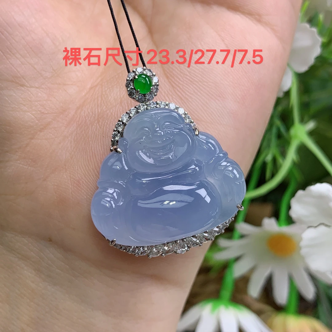 缅甸天然翡翠A货18k冰种起胶紫罗兰佛公吊坠爱尺寸33.5/27.6/10.5
