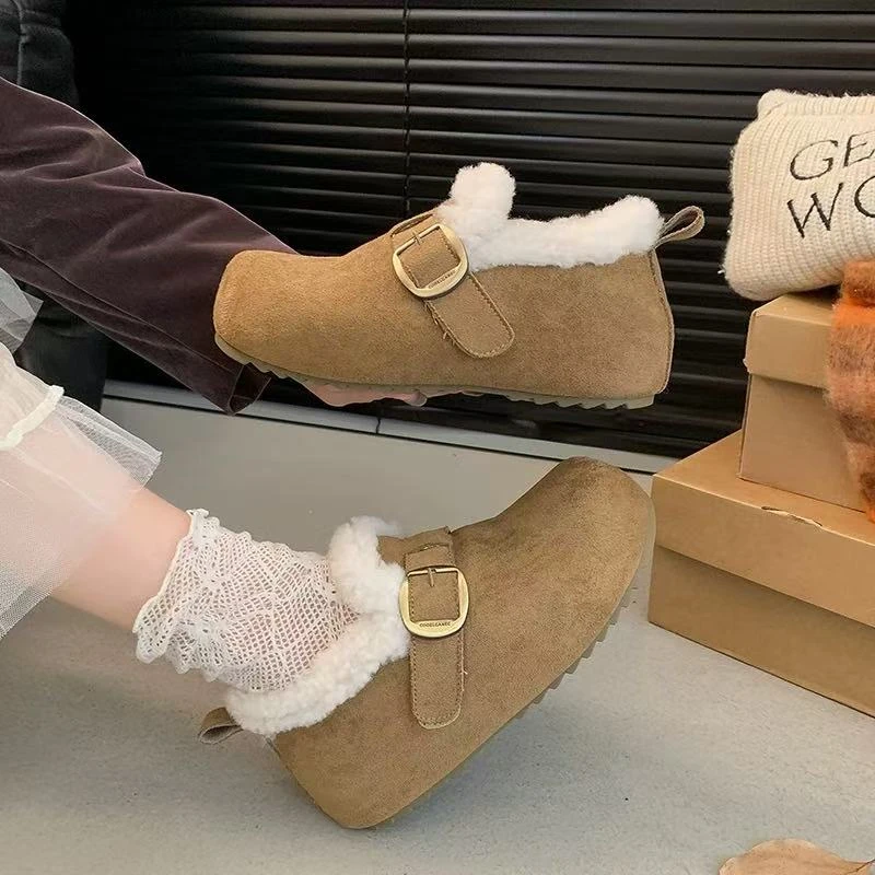 毛绒勃肯鞋女冬季加绒一脚蹬保暖扣带雪地靴厚底棉鞋ZCL 25S10212