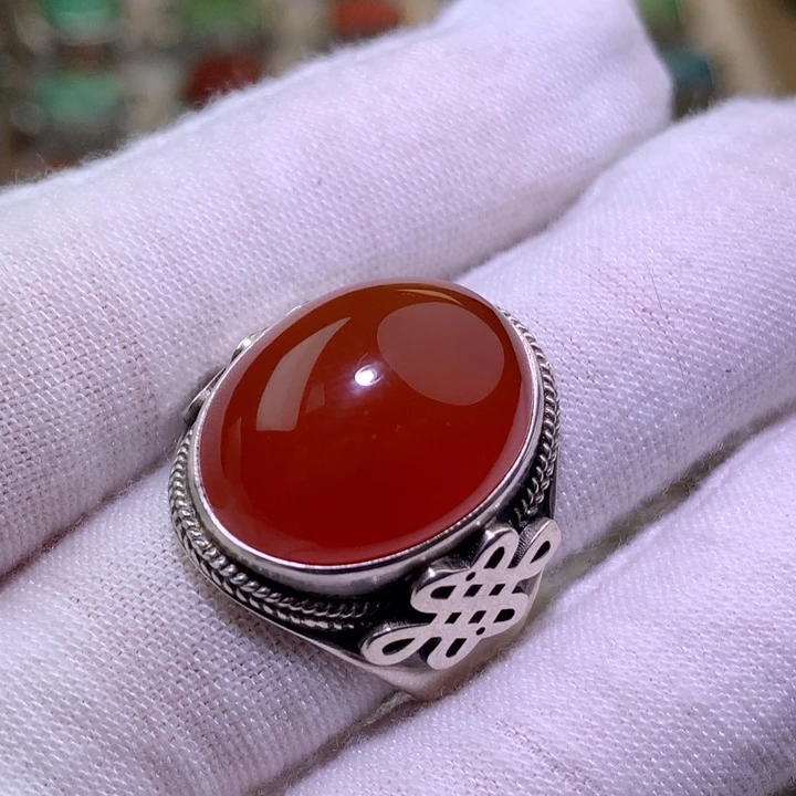 南红玛瑙足银镶嵌戒指