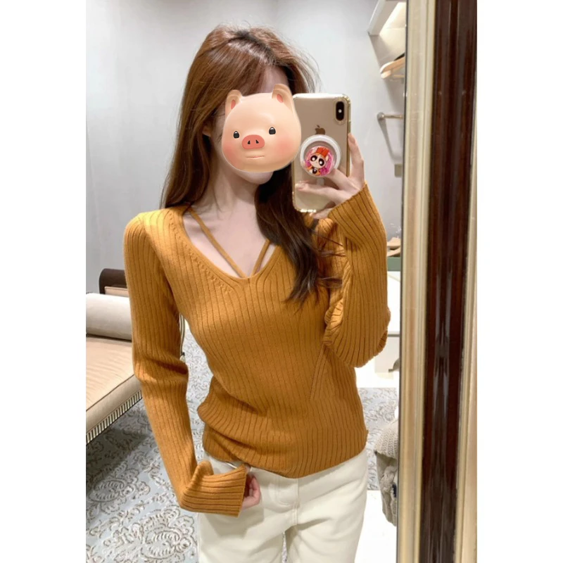 法式V领橘色套头打底毛衣女2025秋冬新款修身显瘦内搭针织衫上衣