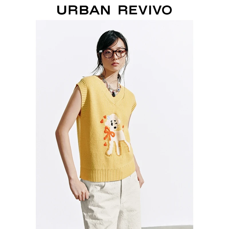 UR2025秋季新款女装休闲小狗刺绣提花V领背心针织衫UYL950207
