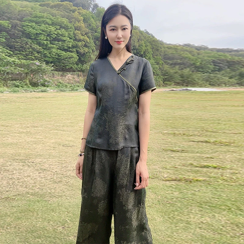 桑蚕丝国风V领百搭时尚两件套装WB2504635+WB2504648