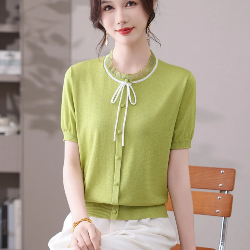 妈妈装新款短袖女夏季冰丝t恤花边领短款宽松显瘦上衣设计感洋气