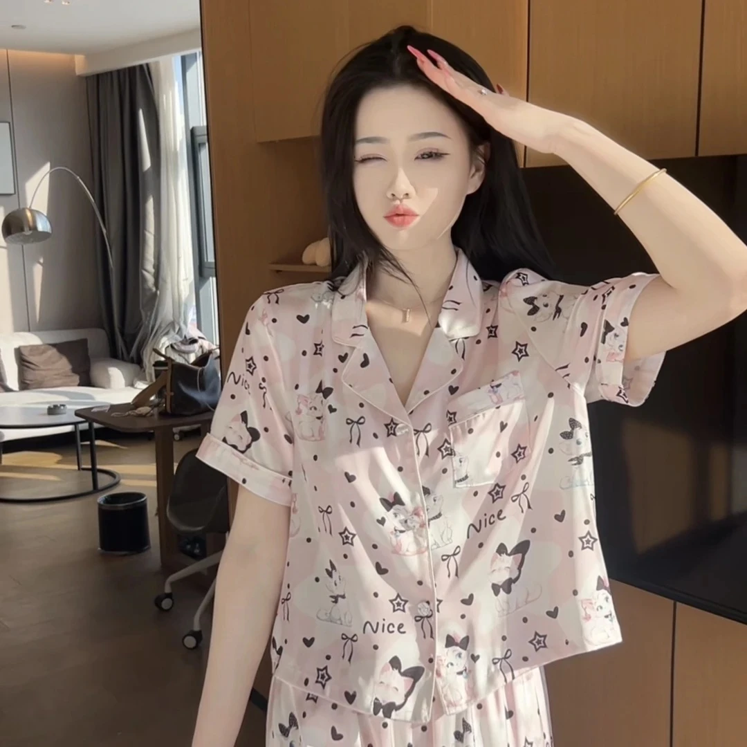 (粉黛猫)夏季可爱休闲显瘦减龄短袖睡衣女家居服套装可外穿百搭