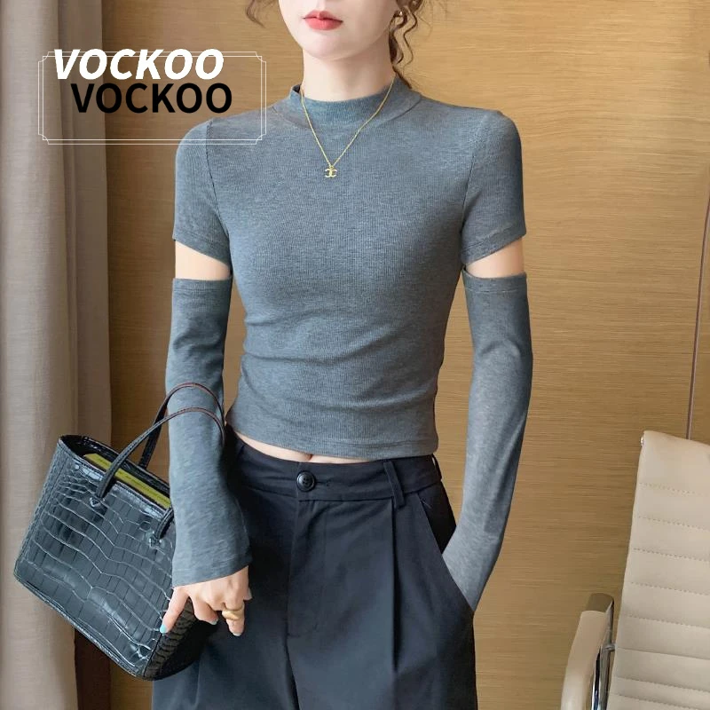 VOCKOO灰色短款半高领打底衫女内搭春秋季2024新款修身长袖
