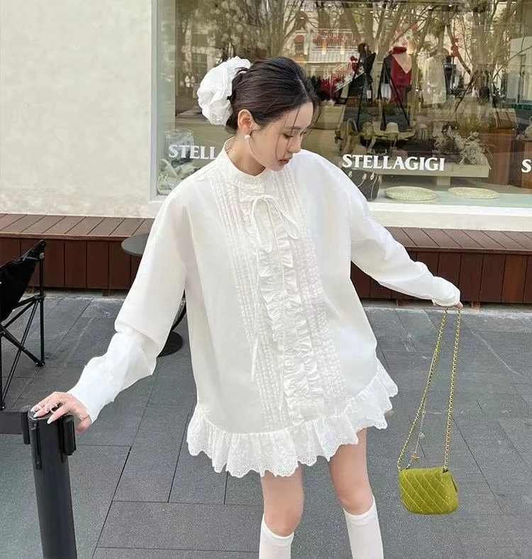 （贝壳恋人）韩国2025年春季新款设计感宽松立领长袖中长款衬衫7063