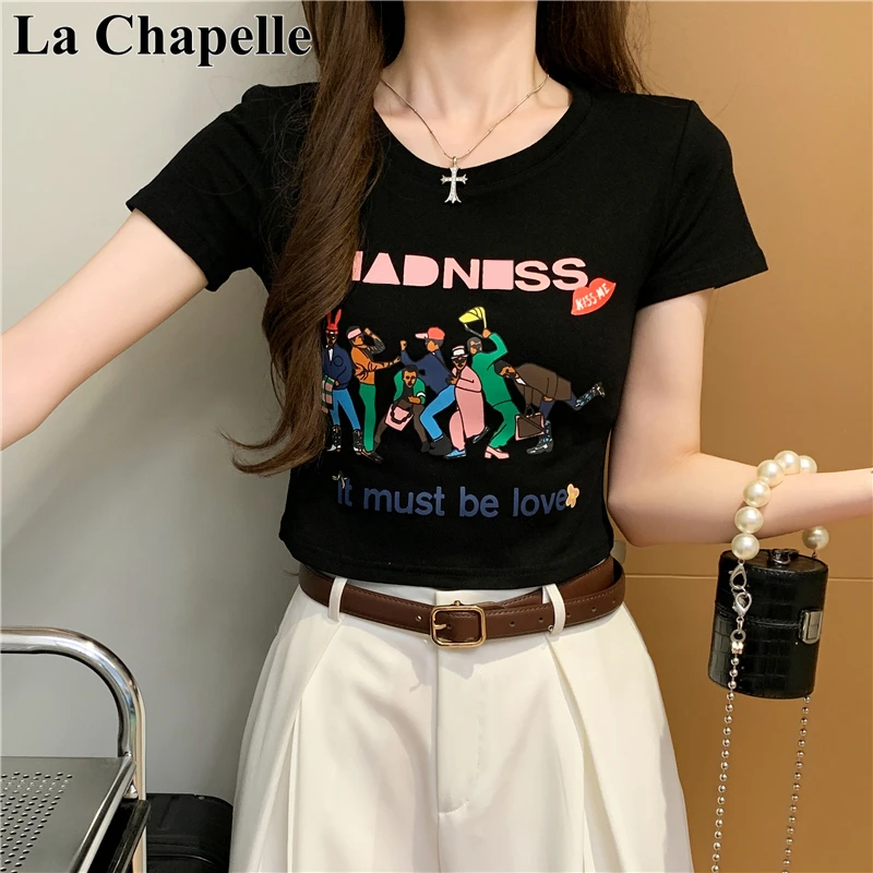 拉夏贝尔正肩短袖T恤女2025夏季新款设计感印花字母修身短款上衣