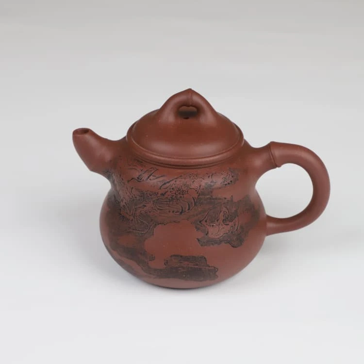 壶楼古居+葫芦壶+240CC+黄龙山原矿紫泥+半手工+精致刻绘祥龙图腾