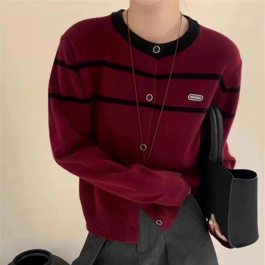 100%羊毛网红条纹长袖针织小开衫秋季上衣秋冬