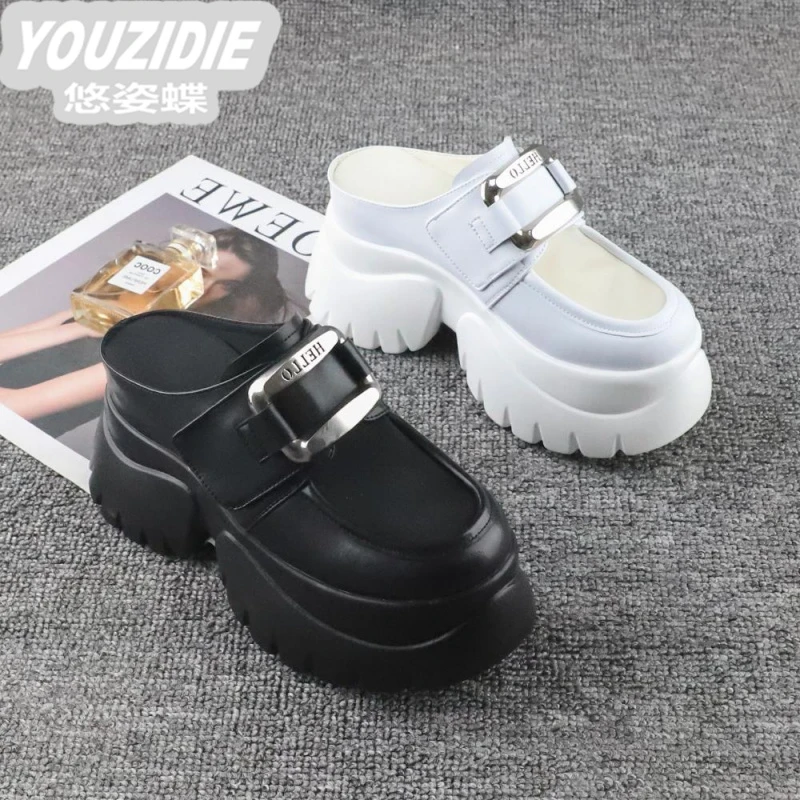 厚底小个子内增高女鞋2025新款真皮欧货夏季透气网纱坡跟包头拖鞋