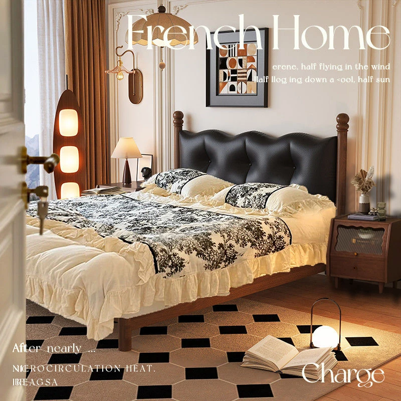 法式简约复古风实木床轻奢简约主卧室双人床家用软靠床卧室大床